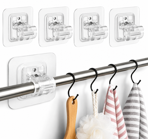 Self-Adhesive Curtain Rod Holder Brackets (Pack of 4) – No-Drill Wall Mount Rod Retainer Hooks for Bathroom, Kitchen, & Bedroom Towel & Curtain Rods