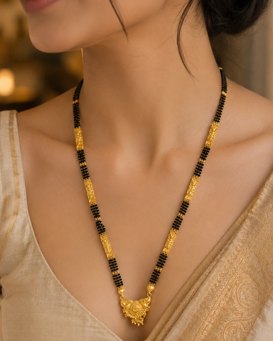 Premium Black Bead Mangalsutra with Intricate Gold-Tone Pendant for Women