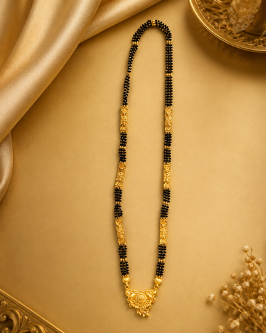 Premium Black Bead Mangalsutra with Intricate Gold-Tone Pendant for Women